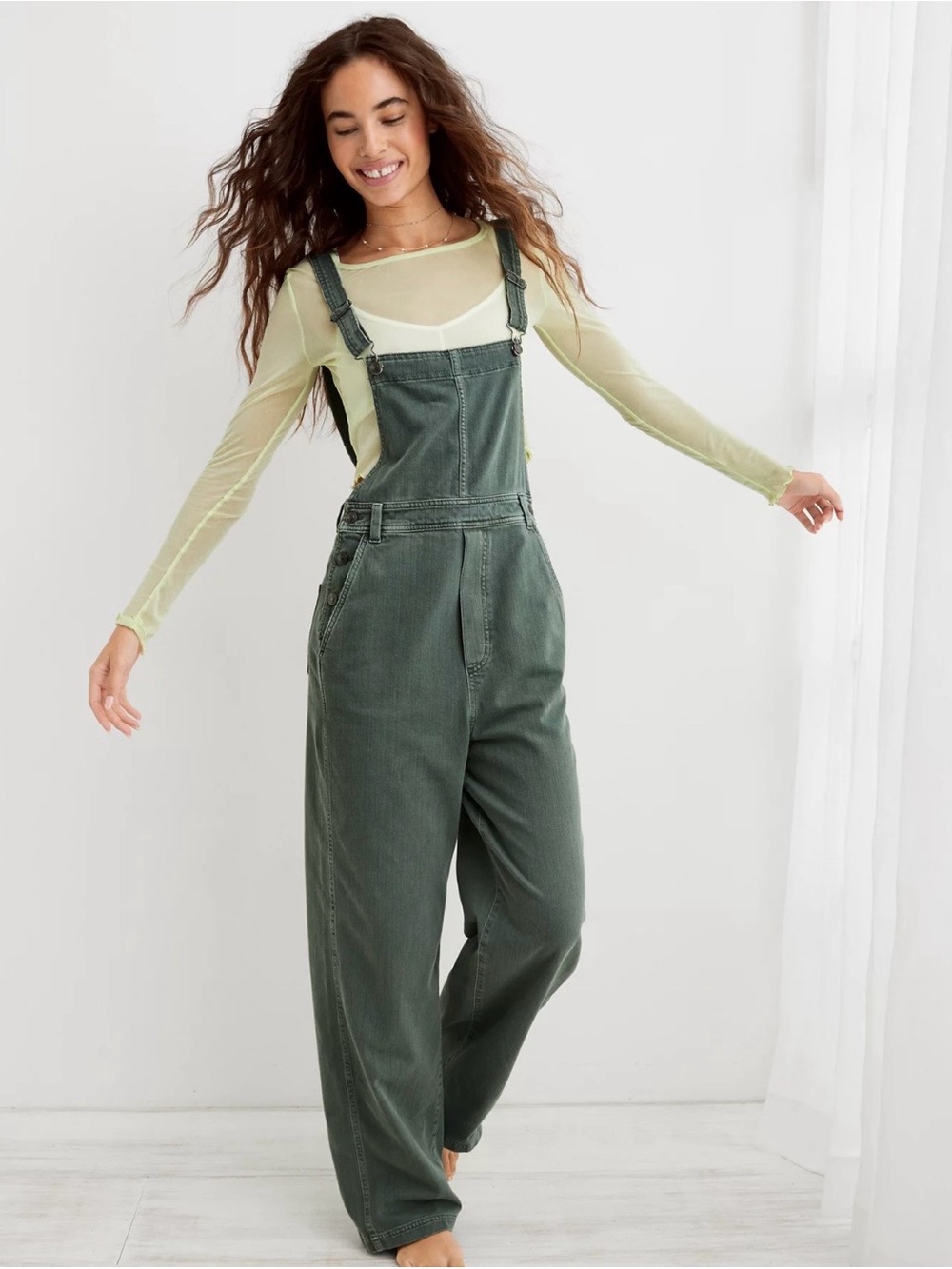 Aerie Y2K Olive Green Wide-Leg Overalls - size S